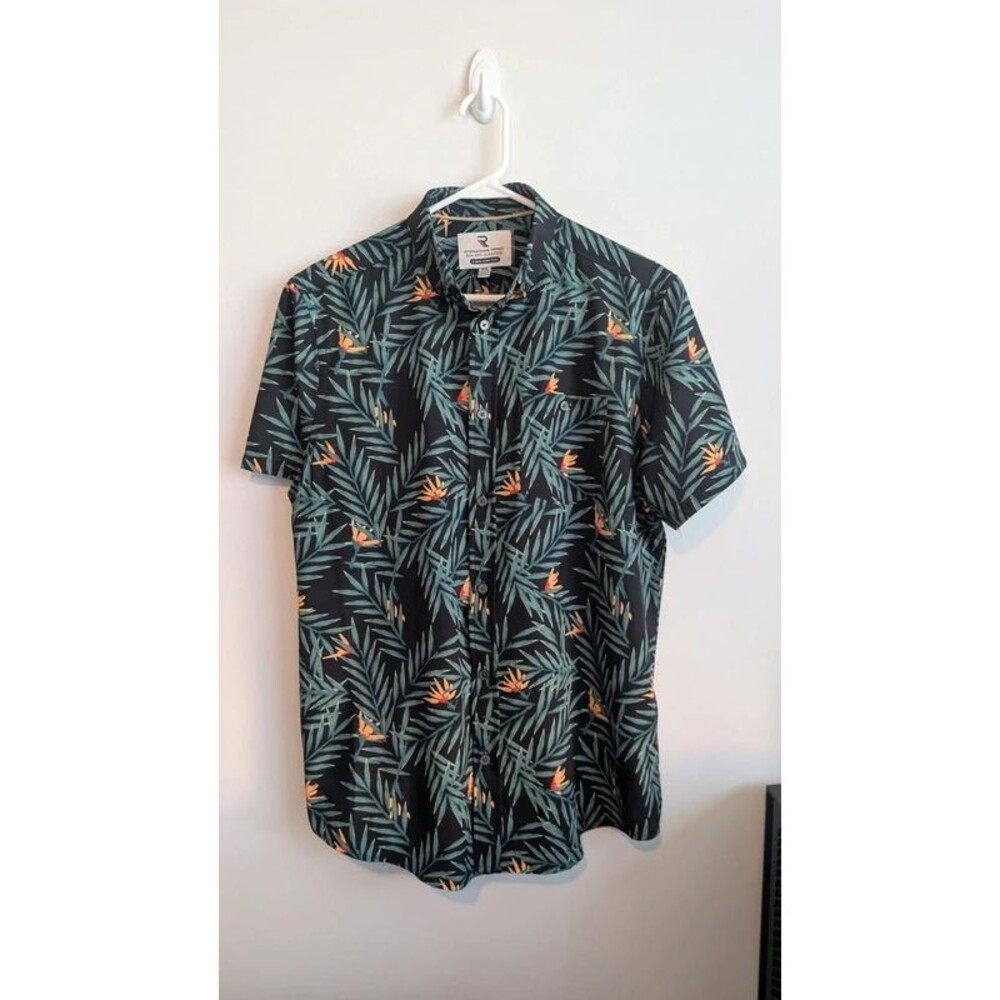 International Report 4 Way Stretch Medium Tropical Mens Button Down Shirt Black